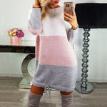 Autumn Winter Patchwork Knitted Cotton Sweater Dress Women Fashion Loose O-neck Pullover Female Knitted Dress Vestidos Feminino