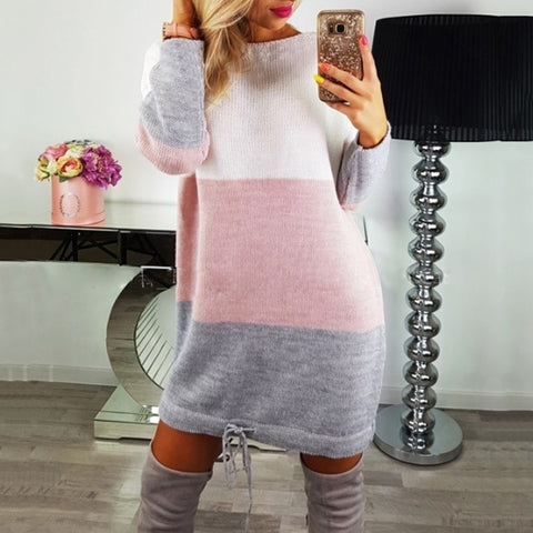 Autumn Winter Patchwork Knitted Cotton Sweater Dress Women Fashion Loose O-neck Pullover Female Knitted Dress Vestidos Feminino