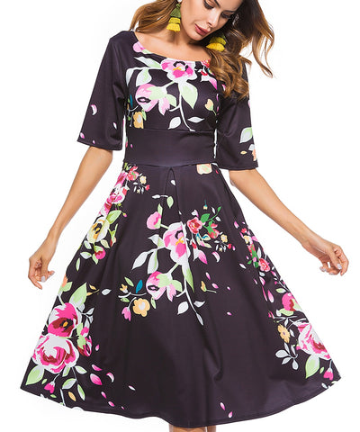 Women Summer Style 2019 Women's Vintage  3/4 Sleeve Floral Print Casual Cocktail Swing Dress