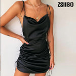 ZSIIBO Fashion Women Solid Spaghetti Straps Backless Sleeveless Sexy Dresses Bottom Length Adjustable Ladies Casual Dress New