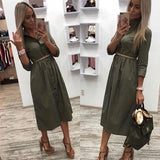 2019 Women Autumn Casual Sashes A Line Dresses Office Ladies Button Seven Sleeve Solid Dress Women Vintage Elegant Party Dress