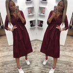 2019 Women Autumn Casual Sashes A Line Dresses Office Ladies Button Seven Sleeve Solid Dress Women Vintage Elegant Party Dress