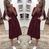 2019 Women Autumn Casual Sashes A Line Dresses Office Ladies Button Seven Sleeve Solid Dress Women Vintage Elegant Party Dress