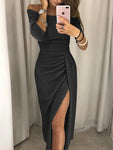 Sexy Off Shoulder Party Dress Women High Slit Peplum Bodycon Dress Autumn Three Quarter Sleeve Bright Silk Shiny Dress  388si