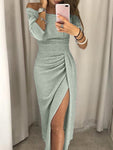 Sexy Off Shoulder Party Dress Women High Slit Peplum Bodycon Dress Autumn Three Quarter Sleeve Bright Silk Shiny Dress  388si