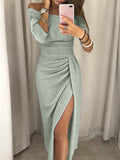 Sexy Off Shoulder Party Dress Women High Slit Peplum Bodycon Dress Autumn Three Quarter Sleeve Bright Silk Shiny Dress  388si