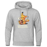 Cartoon Harajuku Men Hoodie NO COFFEE NO WORKEE Hoodies Pikachu Pokemon Sweatshirt Casual Mens Funny Streetwear Anime Pullover