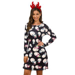 Women's Xmas Dress Snowman Snow Reindeer Long Sleeve Christmas Party A-Line Mini Dress Plus Size S-3XL