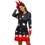 Women's Xmas Dress Snowman Snow Reindeer Long Sleeve Christmas Party A-Line Mini Dress Plus Size S-3XL