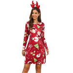 Women's Xmas Dress Snowman Snow Reindeer Long Sleeve Christmas Party A-Line Mini Dress Plus Size S-3XL