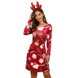 Women's Xmas Dress Snowman Snow Reindeer Long Sleeve Christmas Party A-Line Mini Dress Plus Size S-3XL