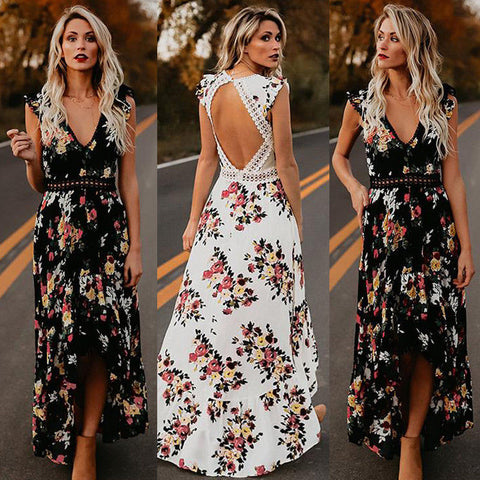 2019 Womens Summer BOHO Holiday Beach Dress Ladies Party Maxi Sleeveless Backless Vintage Split Black White Floral Printed Dress