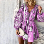 Summer Autumn Sexy Boho Dress Tassel Hollow Mini Dresses Women 2019 New Bohemian Floral Print Beach Dress Vestido Lantern Blue