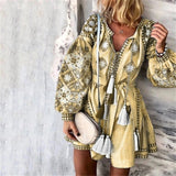 Summer Autumn Sexy Boho Dress Tassel Hollow Mini Dresses Women 2019 New Bohemian Floral Print Beach Dress Vestido Lantern Blue