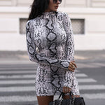 Long Sleeve Standing Collar Leopard Print Dress Women Sexy Snake Print Bodycon Mini Dress Autumn Fashion Party Dresses Vestidos