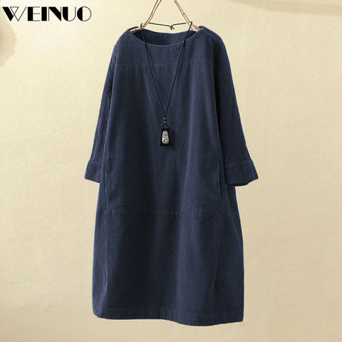 Dress Women Dress Winter 2019Top New Women Vintage Pockets Corduroy Solid Color Long Sleeve Loose Casual Dress Vestido De Mujer