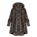 Winter Coat Women Button Leopard Fleece Jacket Plus Size Asymmetrical Hem Hooded Sweater Outwear Women Oversize Overcoat New