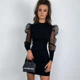 CNYISHE Sexy Elegant Black Sheer Mesh Long Sleeve Dress Casual Slim Fit Pencil Dress Women Puff Sleeve Patchwork Dresses Vestido