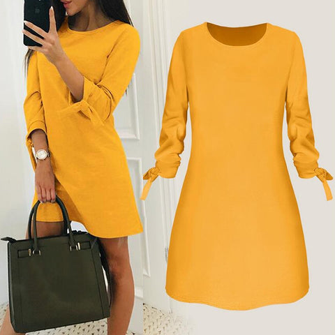 2019 Spring New Fashion Solid Color Dress Plus Size Casual O-Neck Loose Dresses 3/4 Sleeve Bow Elegant Beach Female Vestidos