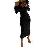 womens  cute style v-neck solid autumn woman dress comfortable sheath slim fashion cold shoulder female dress