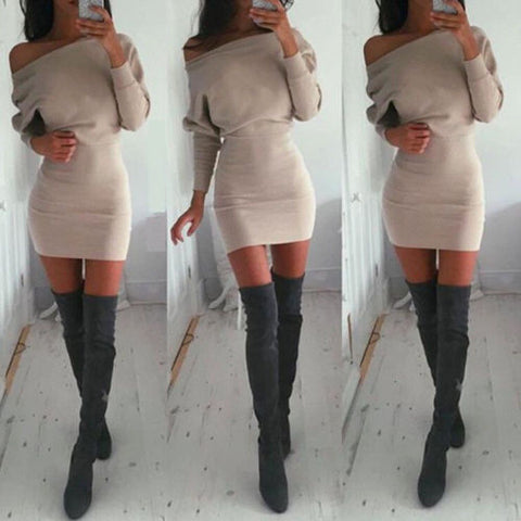 Women Autumn Winter Bandage Dress Women 2019 Sexy Off Shoulder Long Sleeve Slim Elastic Bodycon Party Mini Dresses Lady Clothes