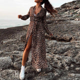 Women Summer Leopard Print Dress Fashion V-Neck Long Dress Sexy Nightclub Split Maxi Dress Womens Dresses New Arrivals