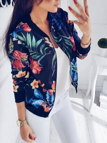 Spring Women Crop Jacket Vintage Floral Print Zipper Bomber Jackets Coat Female Biker Outwear Long Sleeve 3XL 5XL Plus Size 2019